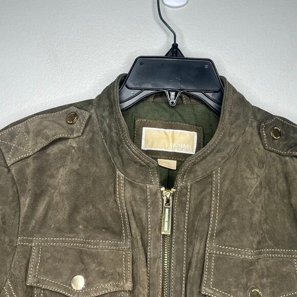 Michael Kors Suede Leather Jacket Vince Coat Full Zip Green *No Belt Large *Flaw - Picture 4 of 13